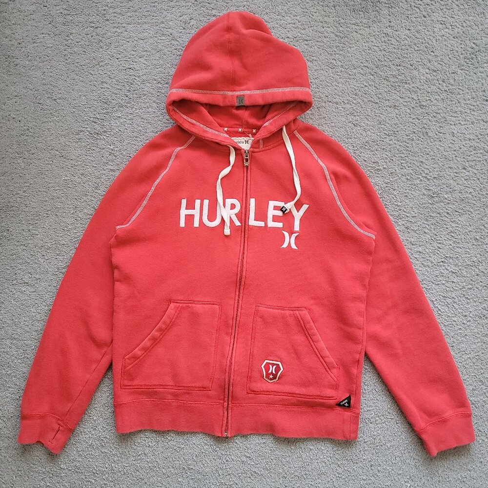 Y2K Vintage Hurley Red Embroidered Zip Up Hoodie Skater Surf Size Medium